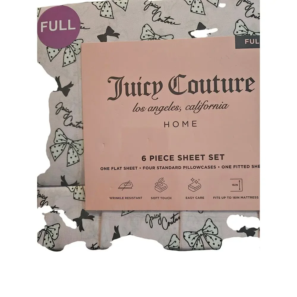 Juicy Couture 6 piece full size sheet set pink black white NIP Ribbons Bows NWT